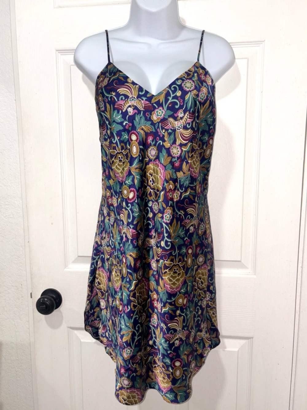 Vintage Natori Multicolored Satin Slip Dress with Floral Print Medium